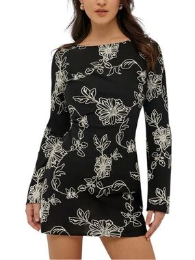 Commense Black Floral Embroidered Cotton Bell Sleeve Mini Dress Medium NWT